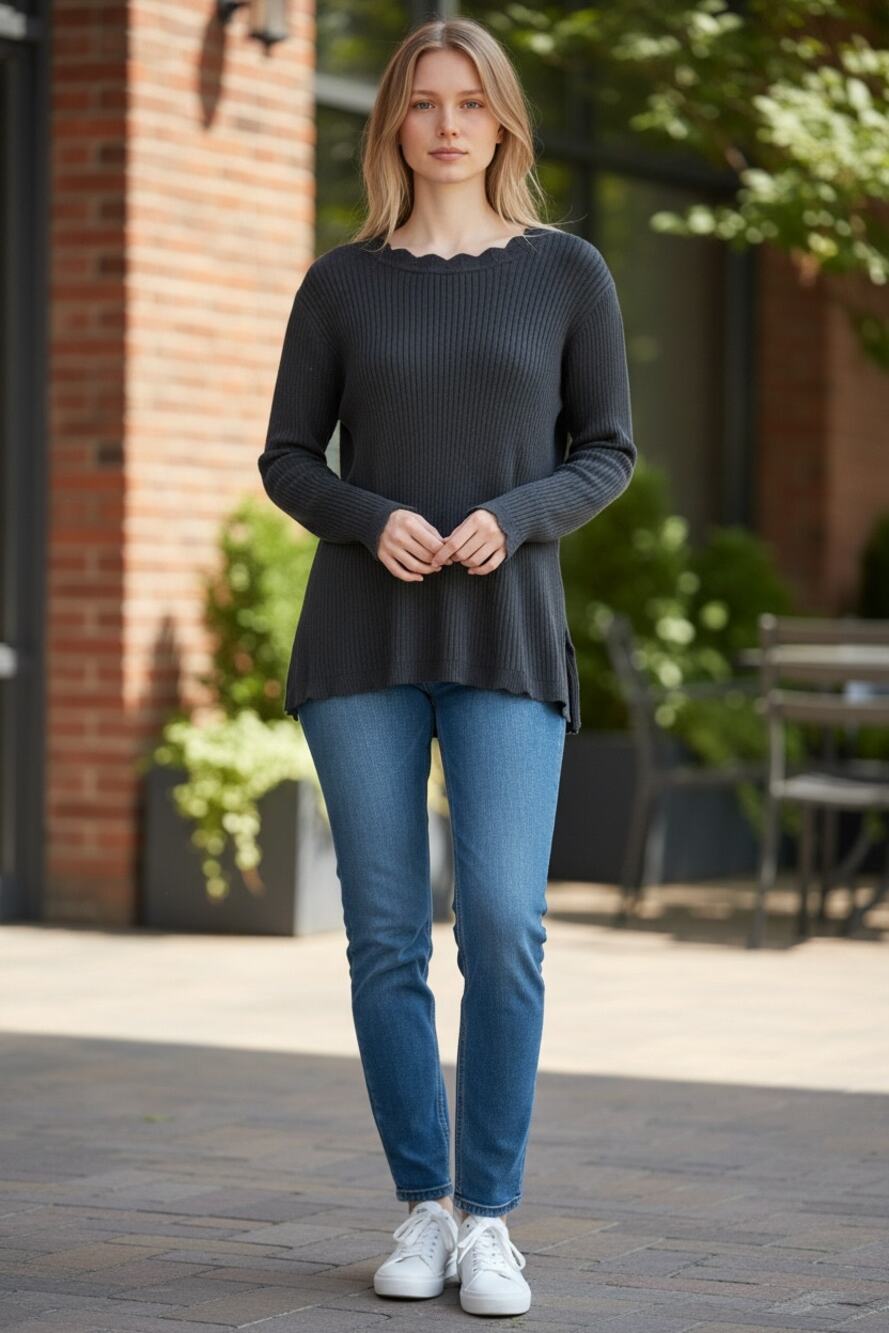 LANDS END Black Sweater Size 2X Size 20-22 Knit Scallop Neckline